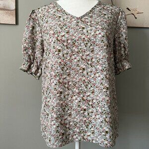 Womens Floral Print V Neck Puff Sleeve Shirt Size M
